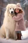 Little girl and great Pyrenees dog in snow. AI Generated. Art Print